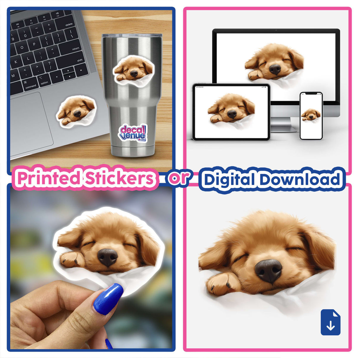 Puppy Dog Paw-sitively Exhausted: A collage of laptops featuring a cute dog sticker, showcasing a tired puppy design. Available as stickers or digital artwork.