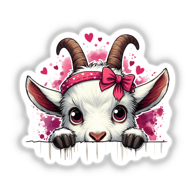 Peeking Goat Heart Splash II: Cartoon goat with pink bow, vibrant artwork by Ella Designz, perfect for stickers or digital art showcasing unique, playful design.