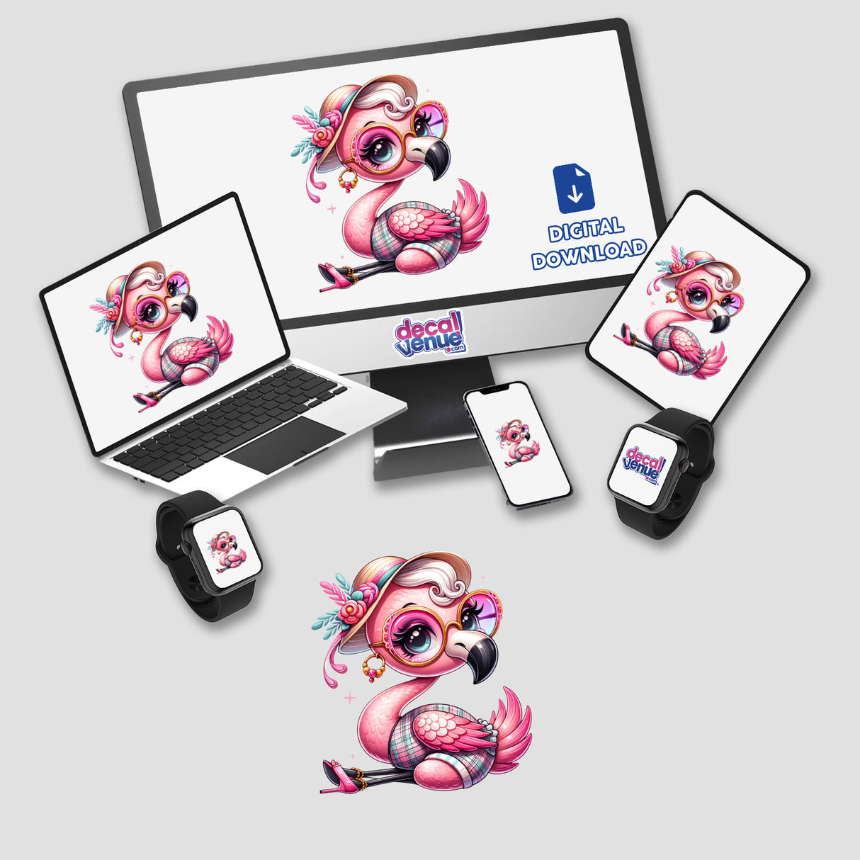 Trendy Flamingo digital artwork displayed on a monitor, laptop, and smartwatch, showcasing a playful pink flamingo cartoon. Available as stickers or digital art from Decal Venue.
