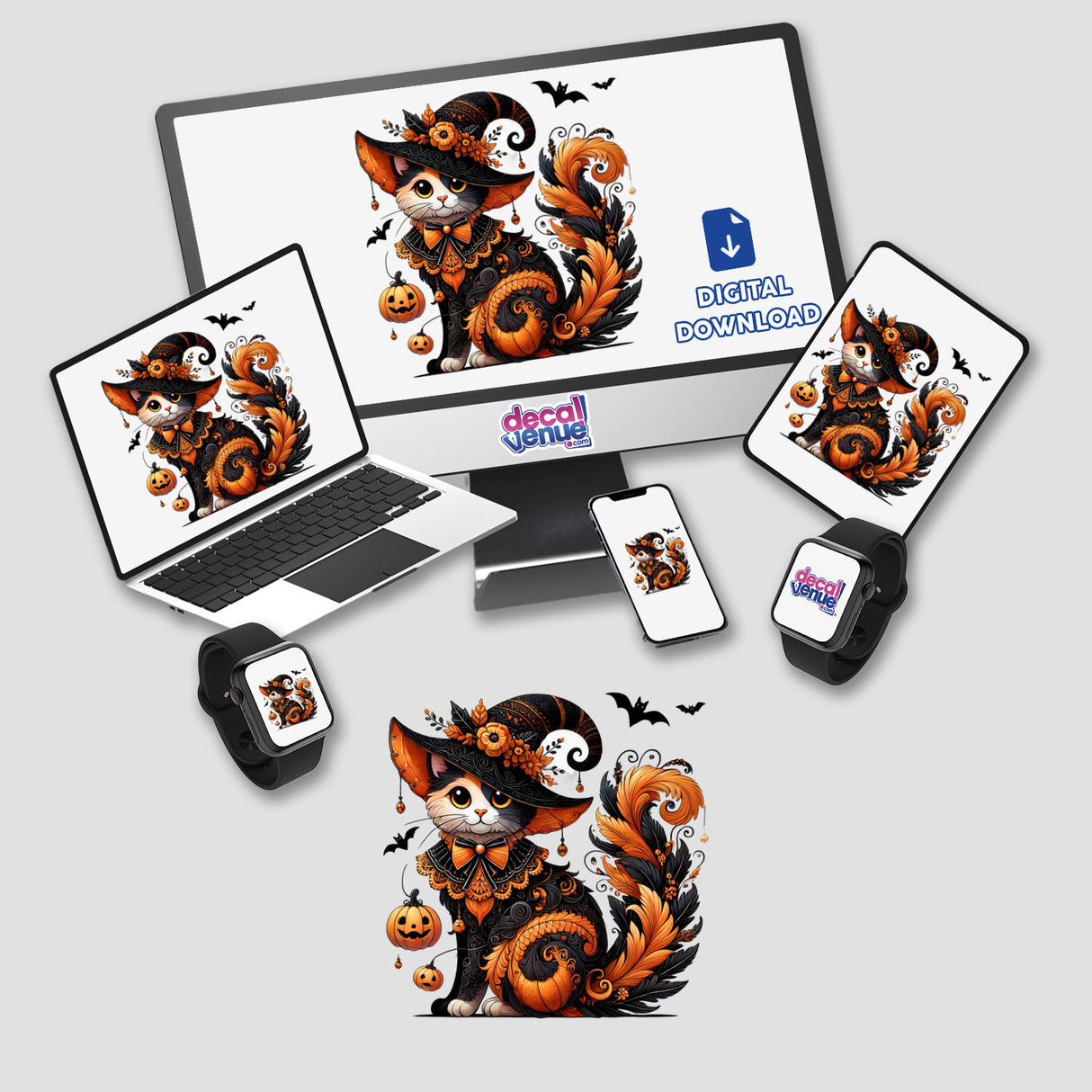 Whimsical Halloween cat with witch hat and pumpkins on various digital devices, featuring the Decal Venue store branding.