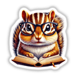Chipmunk in Reading Glasses Open Book: A whimsical sticker or digital art piece featuring a squirrel wearing glasses, engrossed in a book, embodying Decal Venue’s unique artistic style.