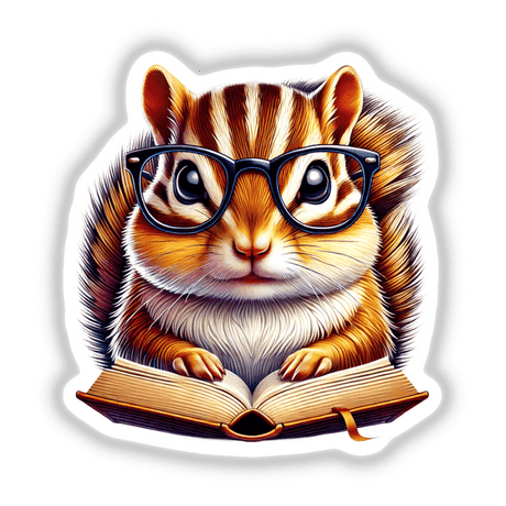 Chipmunk in Reading Glasses Open Book: A whimsical sticker or digital art piece featuring a squirrel wearing glasses, engrossed in a book, embodying Decal Venue’s unique artistic style.