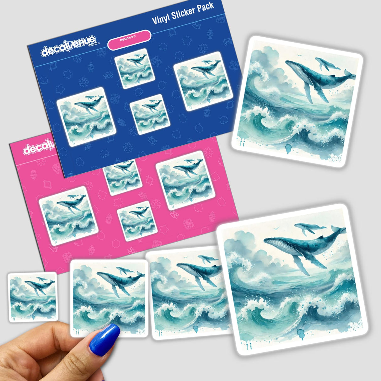 Ocean Dreamscape - Waves and Whales in Watercolor stickers featuring hand-painted whales and waves in vibrant watercolors, perfect for marine life enthusiasts and beach decor.