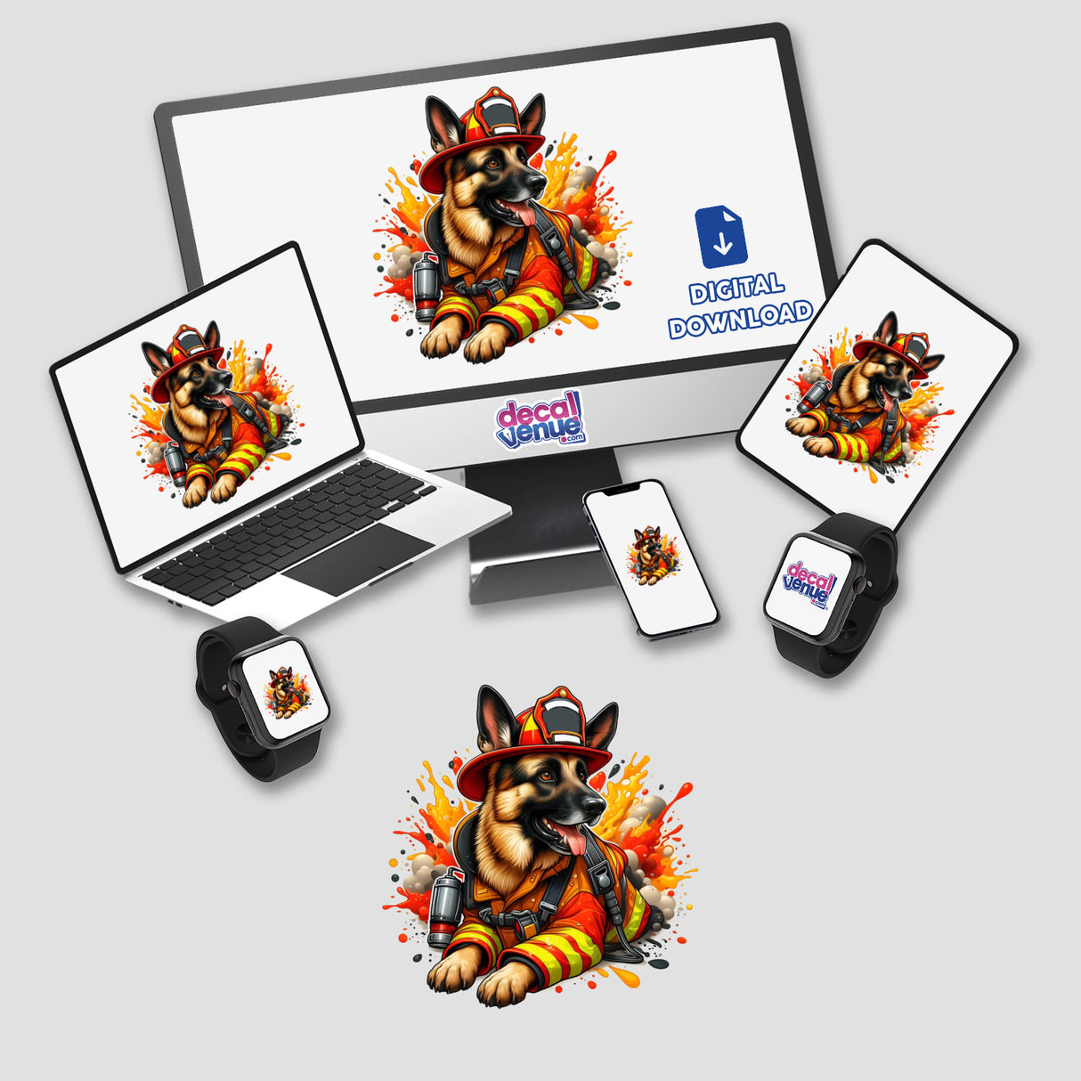 German Shepherd Firefighter Dog image displayed on a computer monitor and laptop, available as stickers or digital artwork, showcasing the dog in a firefighter uniform, ideal for unique vinyl decal enthusiasts.