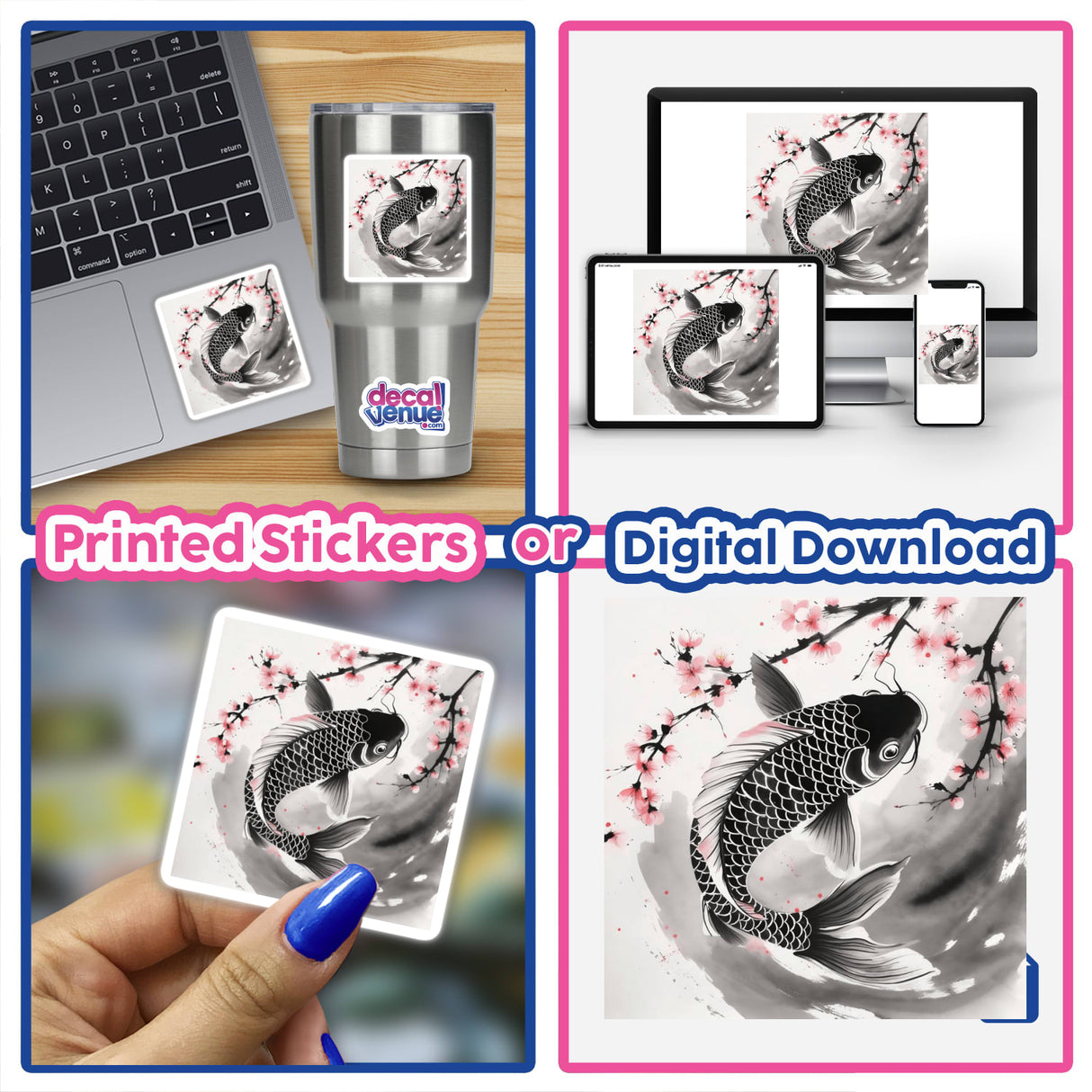 Koi Fish with Cherry Blossoms Sumi-e Japanese Watercolor depicted as a detailed sticker or digital artwork, reflecting traditional Japanese aesthetics, available at Decal Venue.