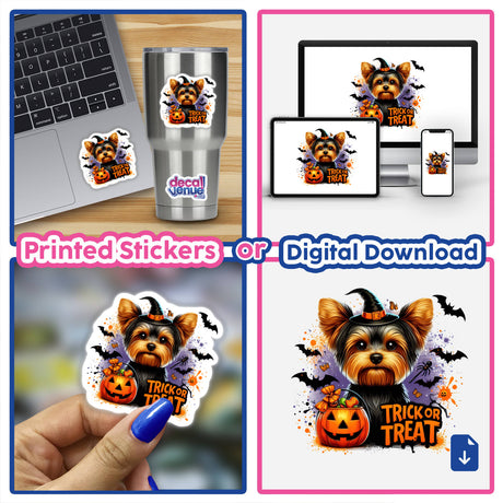 Collage showing a laptop featuring a Halloween Trick Or Treat Yorkie Dog sticker with a hat and pumpkin, and a close-up of the sticker in hand.