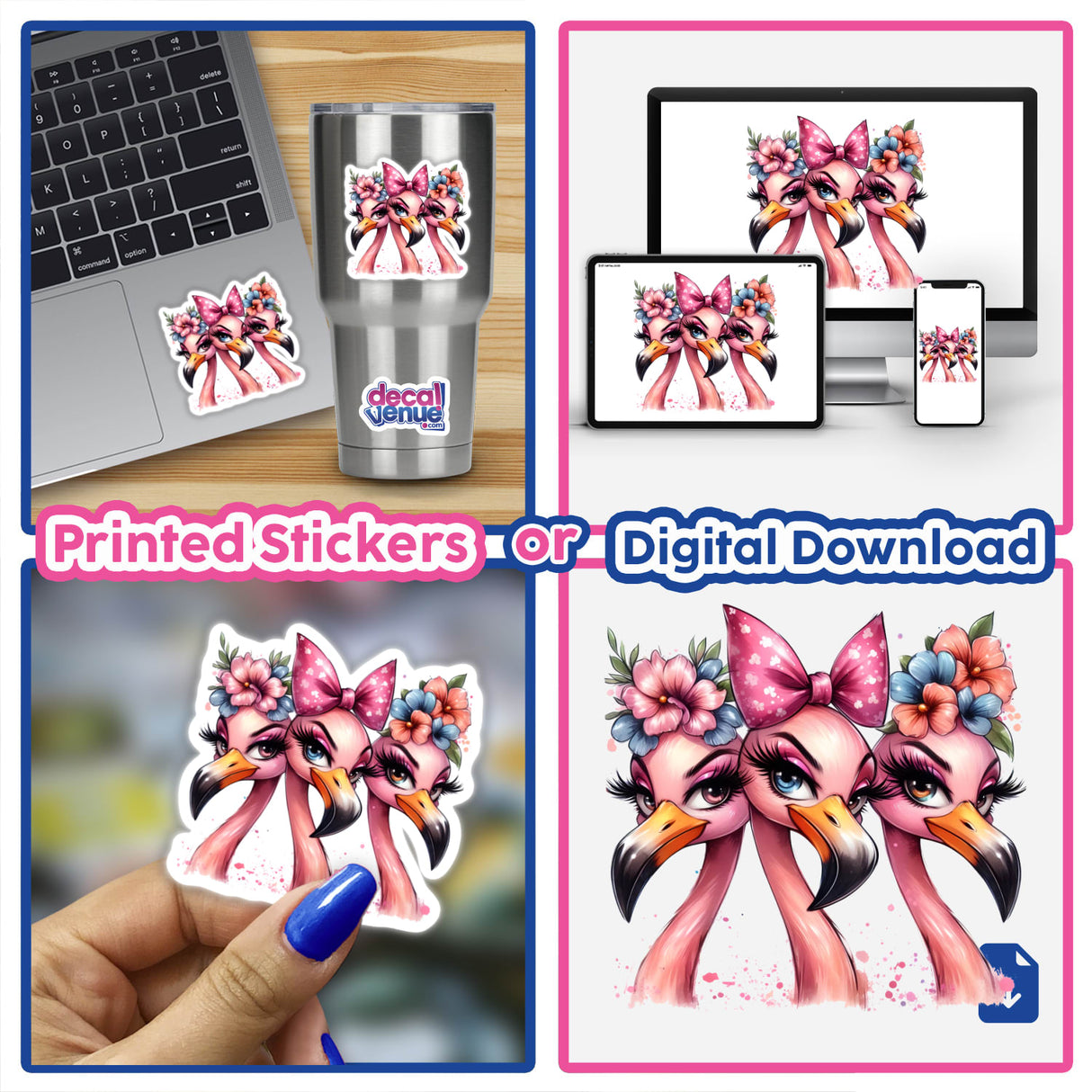 Sassy Flamingo Trio Birds sticker featuring three flamingos adorned with flowers, available as vinyl stickers or digital artwork.