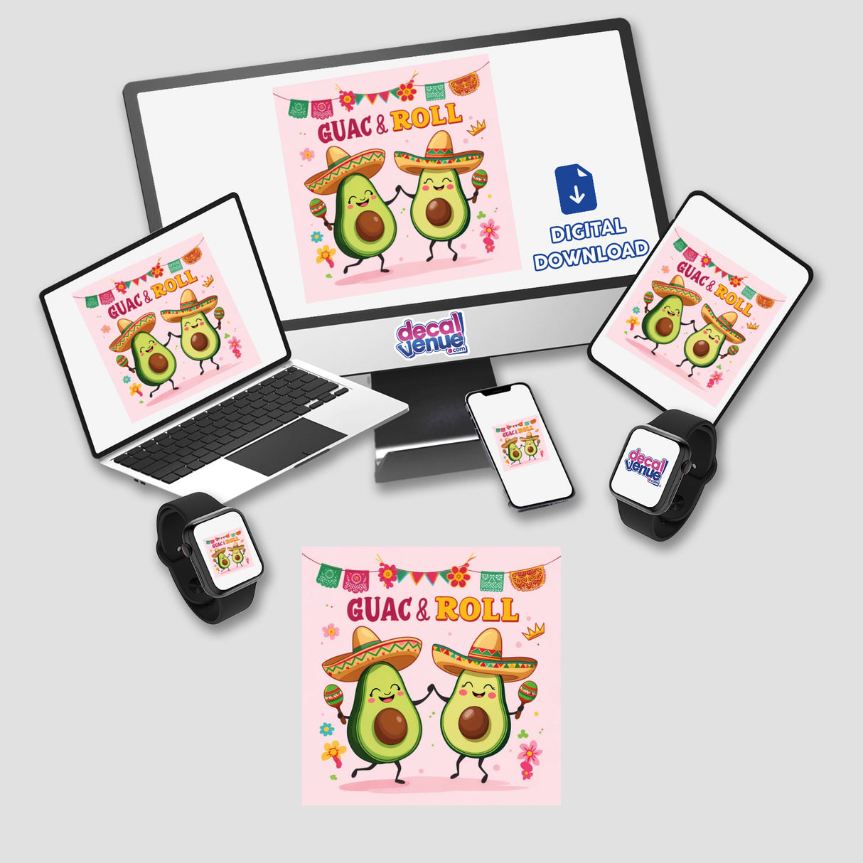 Cute Avocados with Sombreros Guac and Roll: Devices featuring playful avocado characters dancing with sombreros and maracas. Available as stickers or digital artwork, embodying Decal Venue's unique vinyl and digital art style.