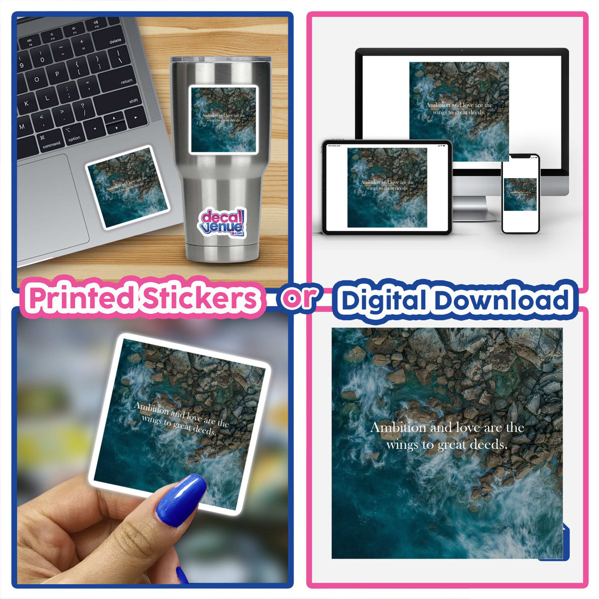 Aerial view of ocean waves crashing against rocks with the quote Ambition and love are the wings to great deeds, available as stickers or digital artwork from Decal Venue.