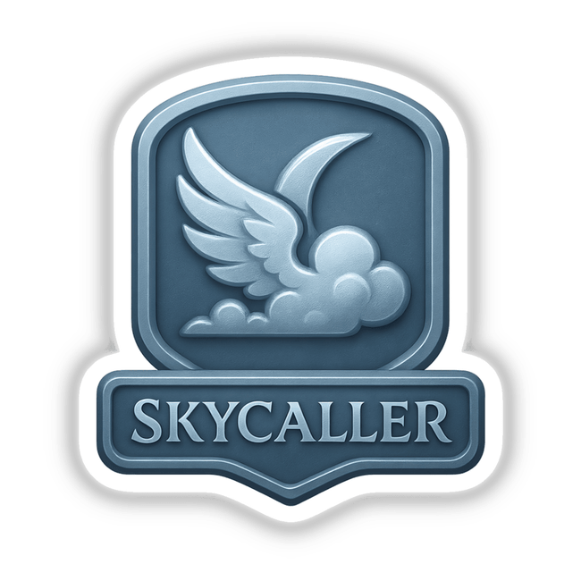 Skycaller RPG-Style Skill Badge featuring a silver-blue cloud with wing crest, available as stickers or digital artwork, ideal for showcasing unique gaming achievements.