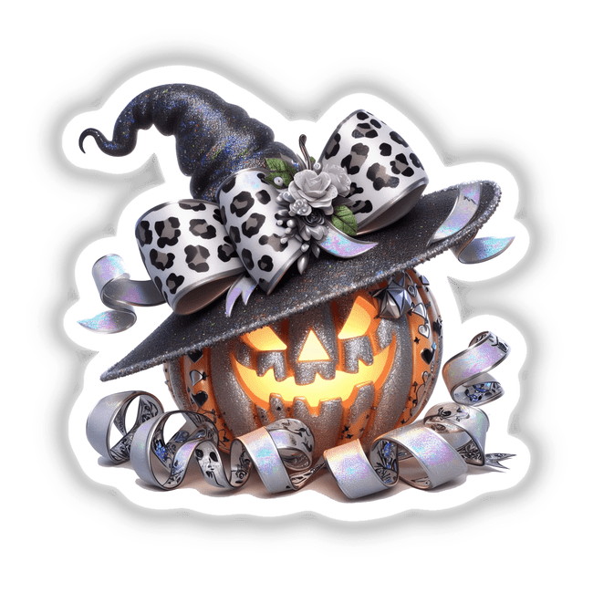 Halloween-themed jack-o-lantern pumpkin wearing a decorative witch hat adorned with leopard print and a flower, surrounded by ribbons and other spooky elements.