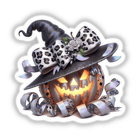 Halloween-themed jack-o-lantern pumpkin wearing a decorative witch hat adorned with leopard print and a flower, surrounded by ribbons and other spooky elements.