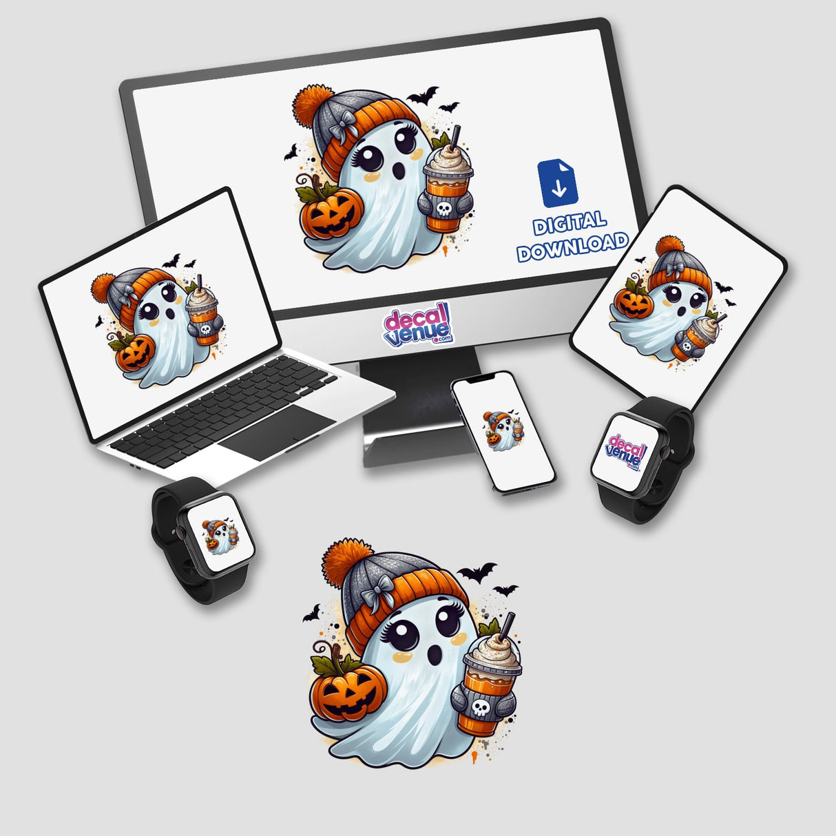 Cute Orange Beanie Pumpkin Spice Ghost digital artwork, featuring a cartoon ghost holding a pumpkin and a drink, displayed on a computer monitor and laptop screen. Available as stickers or digital art.