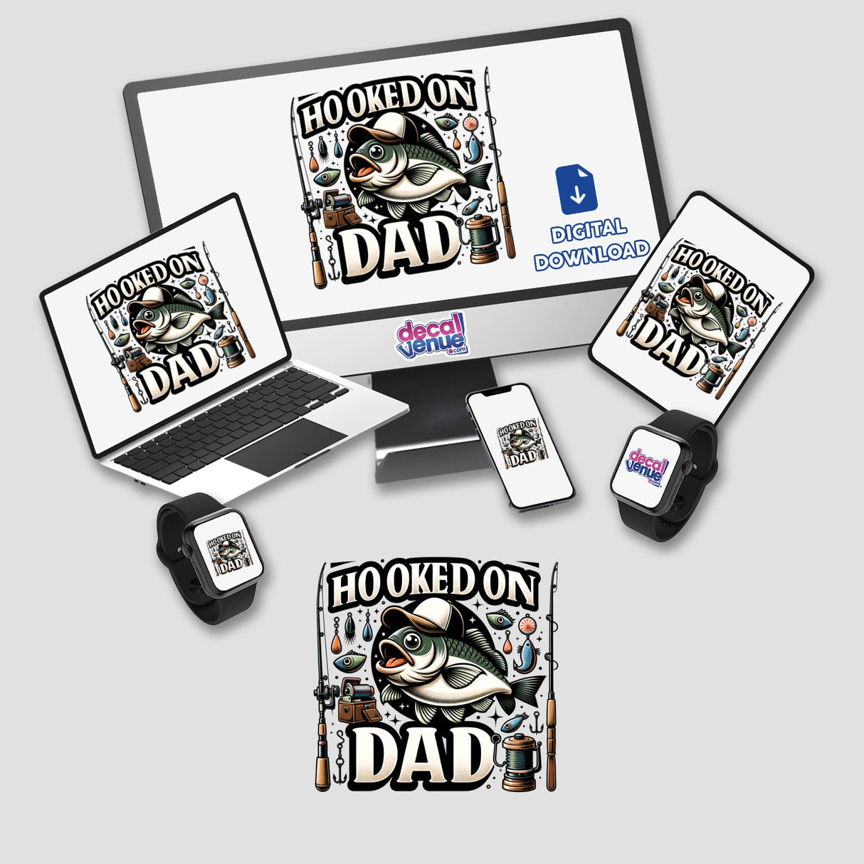 Hooked on Dad Fish design displayed on a laptop monitor, phone, and smartwatch, available as stickers or digital artwork.