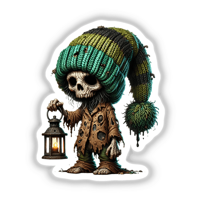 Zombie Gnome Holding Lantern: Cartoon skeleton gnome with a knit hat holding a lantern, available as stickers or digital artwork from Decal Venue.