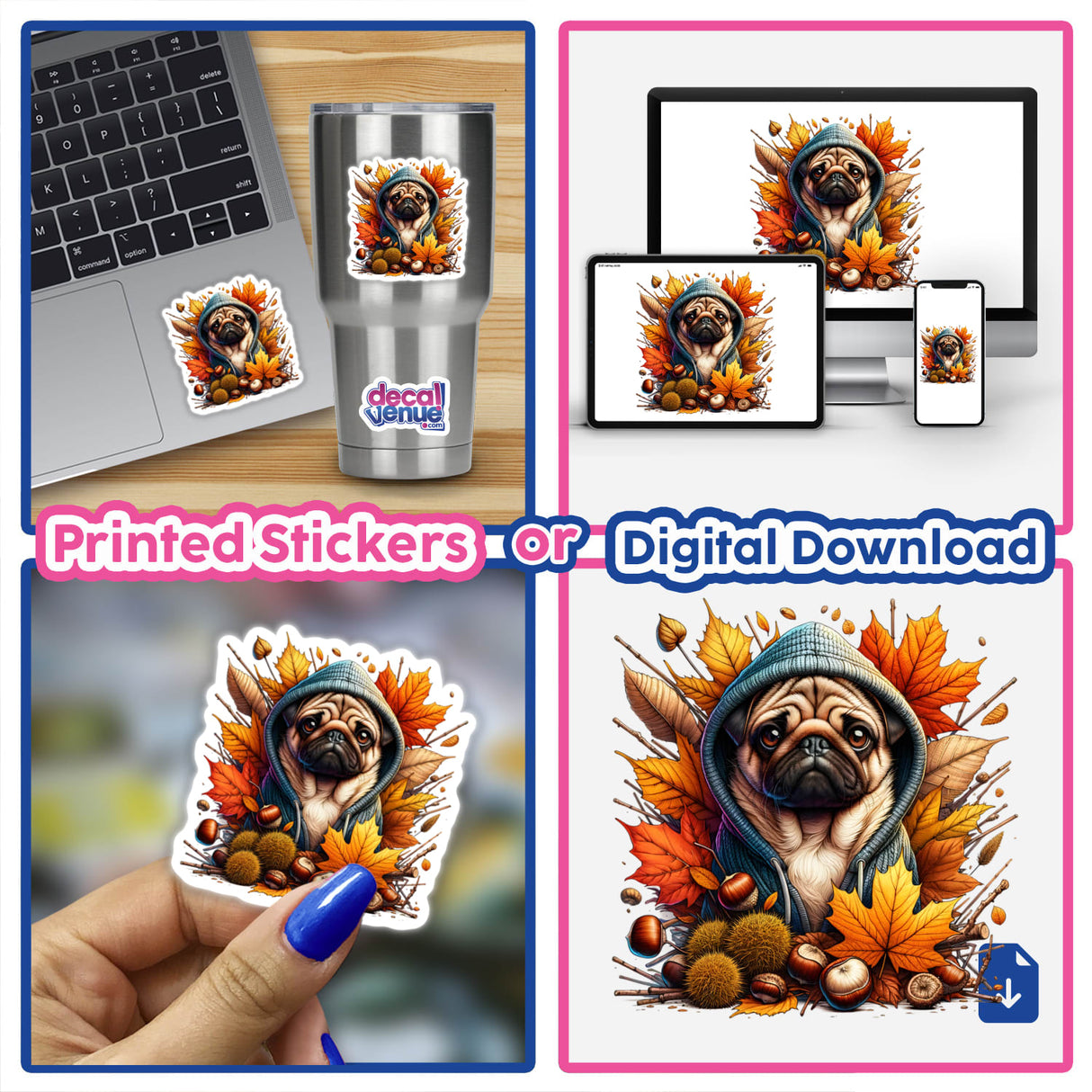 Collage featuring Autumn Pug Dog in Cozy Sweater stickers on laptops and a cup, with a hand holding a sticker depicting the pug in a hoodie.