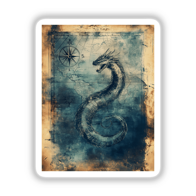 Sea Serpent Balloon on Vintage World Map: Artistic drawing of a dragon on an old map, available as stickers or digital artwork.