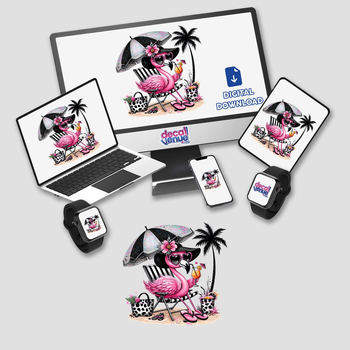 Sassy Beach Flamingo All That Glitters is Pink: illustration featuring a pink flamingo on a beach chair with sunglasses and umbrella, available as stickers or digital artwork.