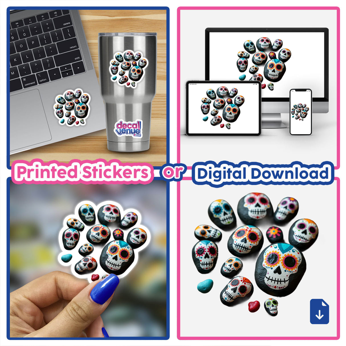 Collage of Colorful Day of the Dead Skull Painted Rocks available as stickers or digital artwork, featuring various vibrant skull designs on rocks and digital formats.