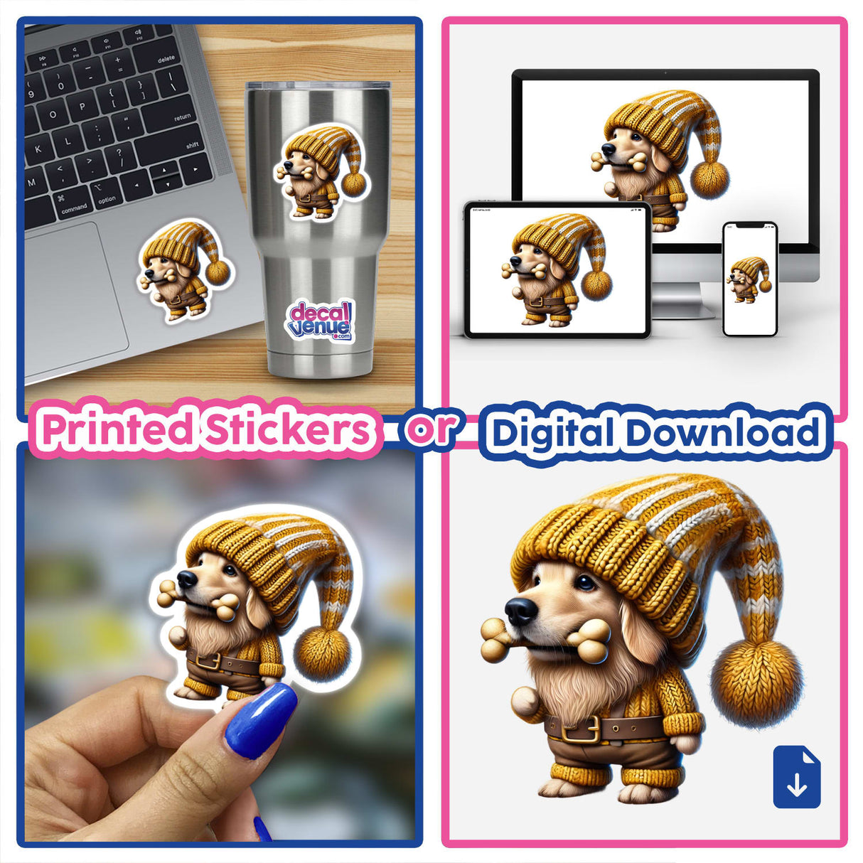 Golden Retriever Gnome with Dog Bone: A collage featuring cartoon images of a dog in a hat, holding a bone, available as stickers or digital artwork.
