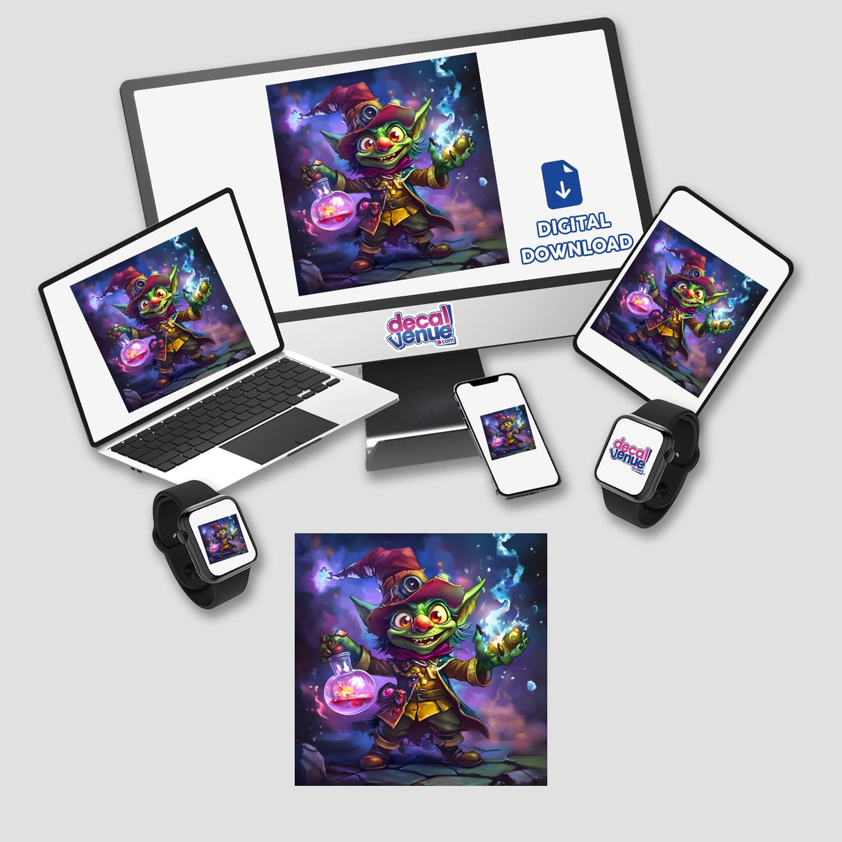 Whimsical Goblin Alchemist with Explosive Potions displayed on computer and laptop screens, holding a flask, available as Stickers or Digital Artwork.