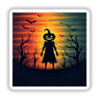 Silhouette of a person with a pumpkin head, titled Evil Pumpkin Silhouette with Bold Color Stripes Halloween, available as stickers or digital artwork from Decal Venue.