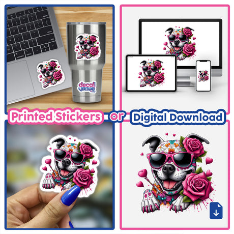 Sticker collage featuring a Sugar Skull Pink Roses Pitbull Dog on a laptop, cup, and as digital artwork. Close-up of nail painting and dog wearing sunglasses with flowers in the background.