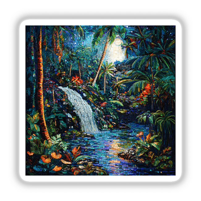 Floating Island and Tropical Rainforest Mosaic featuring a waterfall in a jungle, with palm trees and red flowers, available as stickers or digital artwork.