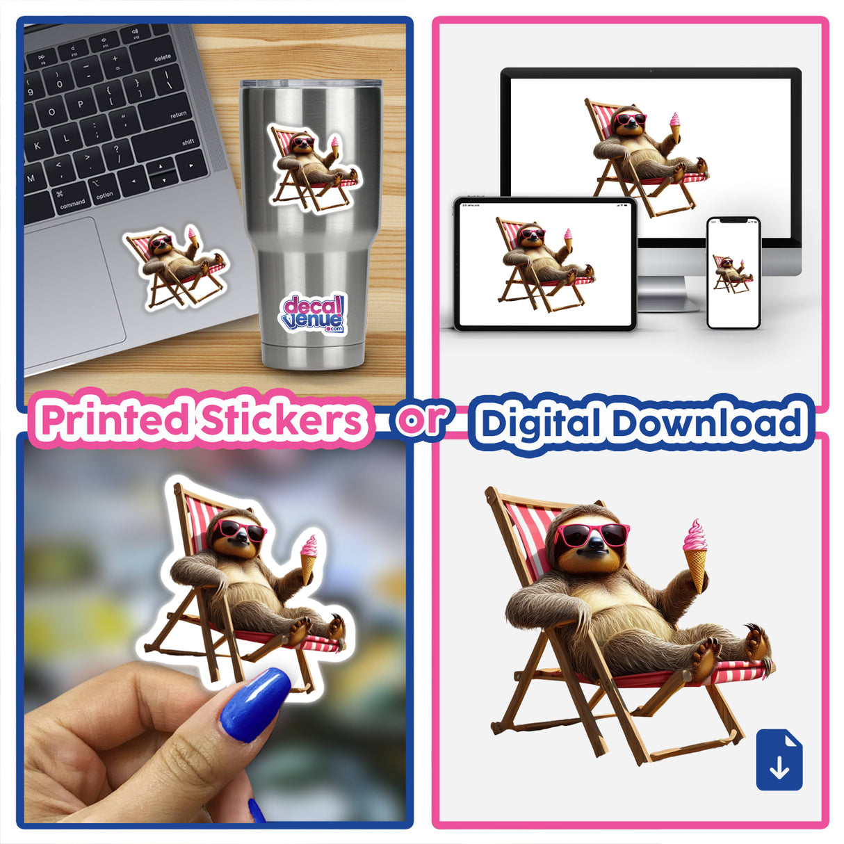 Sunny Sloth Relaxing on Beach Chair: Collage featuring a cartoon sloth lounging in a chair with an ice cream cone, available as stickers or digital artwork.