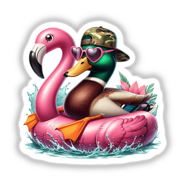 Camo Mallard Duck in Flamingo Float: A cartoon duck sporting sunglasses and a hat, seated in a pink flamingo float, available as unique vinyl stickers or digital artwork from Decal Venue.