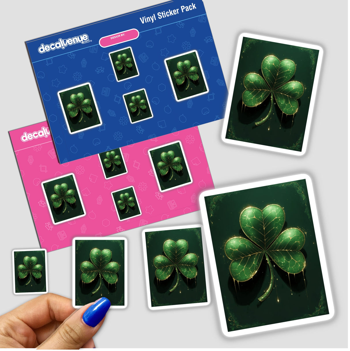 Golden Drip Shamrock sticker pack featuring lush green clovers adorned with melting gold accents, capturing the unique vinyl style of Decal Venue.