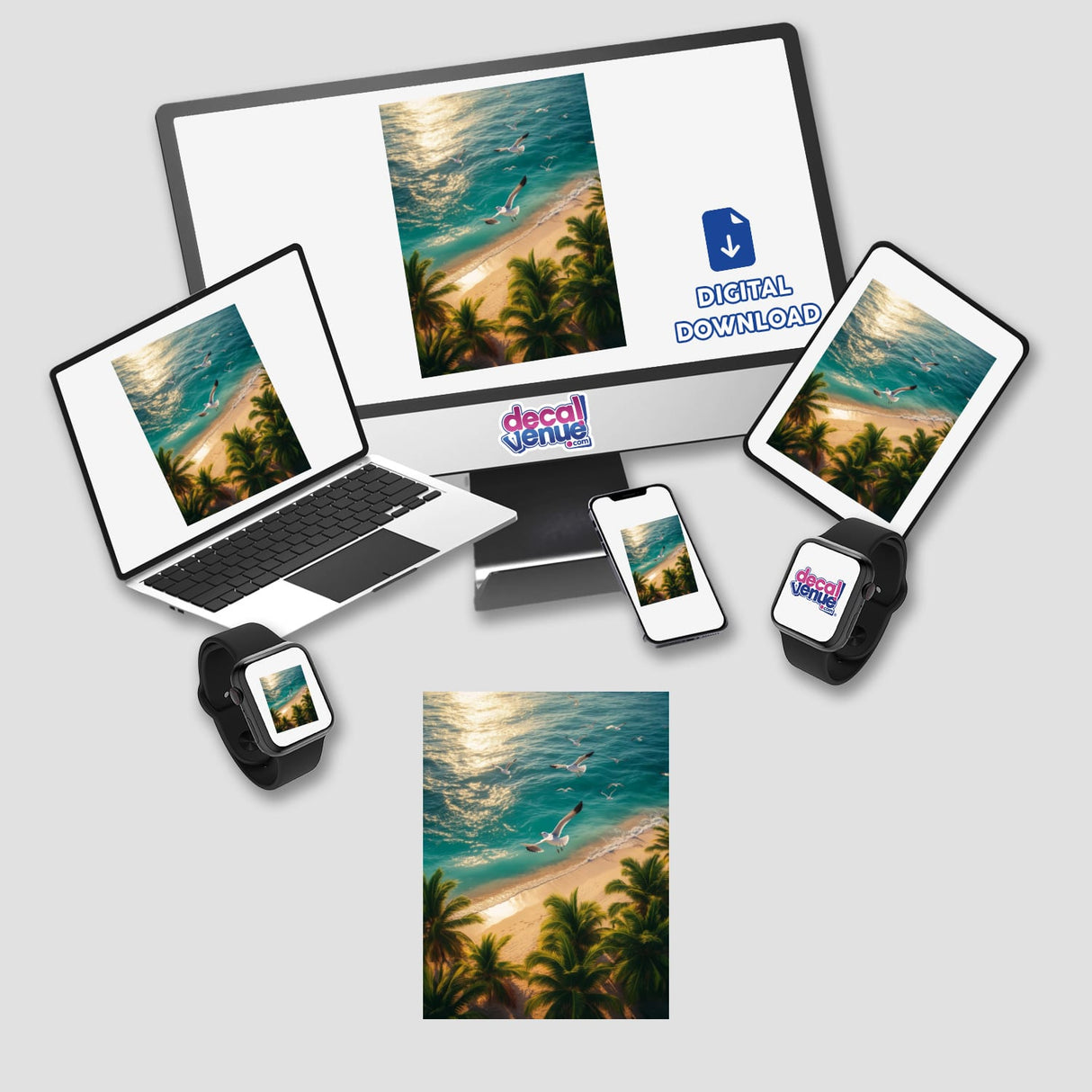 Sunset Serenity Seagulls Over Tropical Shores features a serene beach scene with seagulls, available as unique stickers or digital artwork, perfect for enhancing tech gadgets like laptops or tablets.