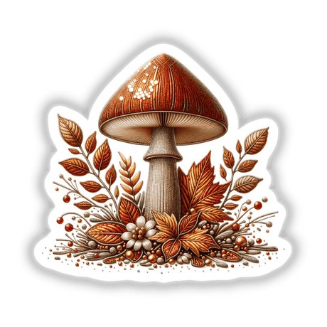 Autumn Forest Mushroom with Leaves artwork featuring a mushroom surrounded by leaves and flowers, available as stickers or digital artwork.