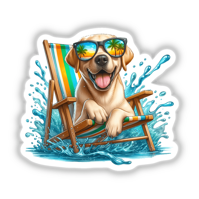 Peeking Lab Sitting in Beach Chair wearing sunglasses with palm tree reflections, available as stickers or digital artwork from Decal Venue. Perfect for adding a unique touch to your space.
