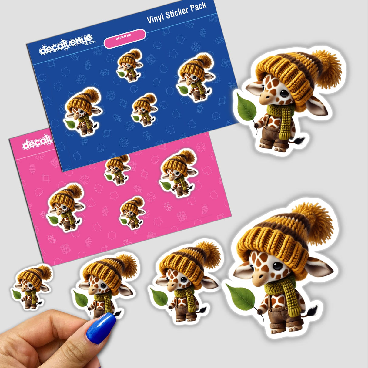 Giraffe Gnome with Leaf sticker pack featuring cartoon giraffes in hats and scarves, perfect for adding whimsical charm to your belongings. Available as stickers or digital artwork.