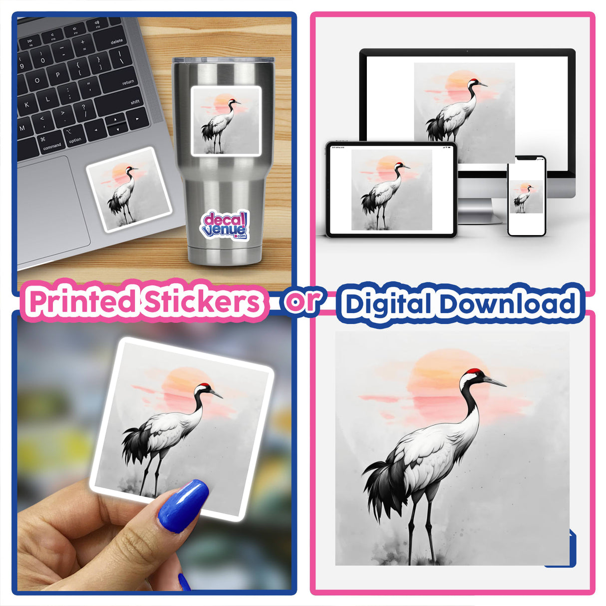 Sumi-e Japanese Watercolor Crane at Sunrise Traditional features a graceful crane rendered in delicate watercolor strokes, available as a sticker or digital artwork, embodying the elegance typical of Decal Venue's unique offerings.