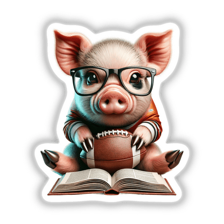 Pig in Reading Glasses with Open Book and Football: whimsical art piece featuring a pig in glasses, holding a book and a football, ideal for stickers or digital decor.