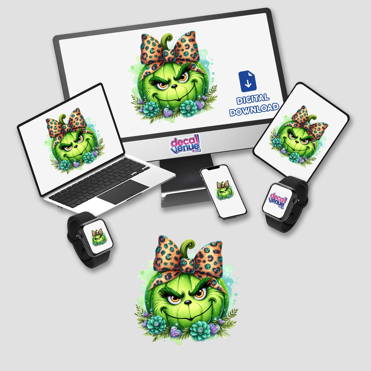 Glitter Leopard Bow Green Grouch Pumpkin Face displayed on various devices like a computer monitor, laptop, tablet, smartphone, and smartwatch, showcasing its versatility as stickers or digital artwork.