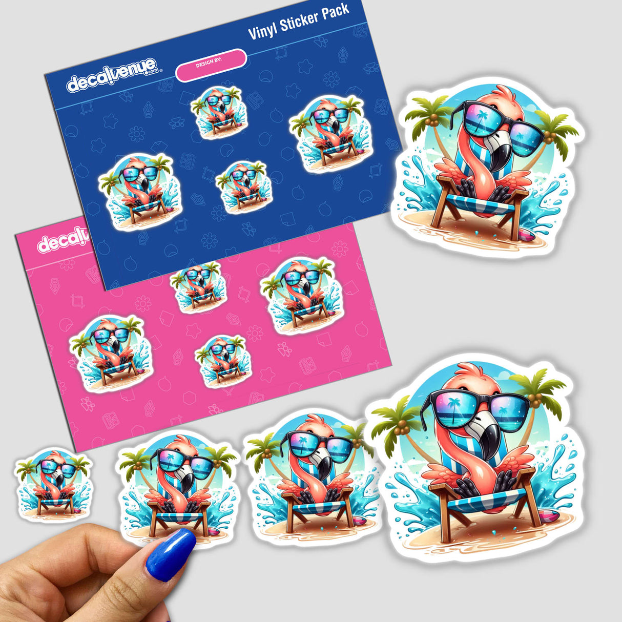 Tropical Flamingo in Beach Chair sticker pack featuring cartoon flamingos relaxing on chairs, ideal for adding a playful touch to any space. Available as stickers or digital artwork.