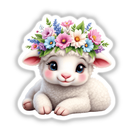 Adorable Lamb Adorned with a Blooming Floral Crown, featuring a cartoon lamb with a vibrant floral headpiece, capturing whimsical charm perfect for stickers or digital art from Decal Venue.