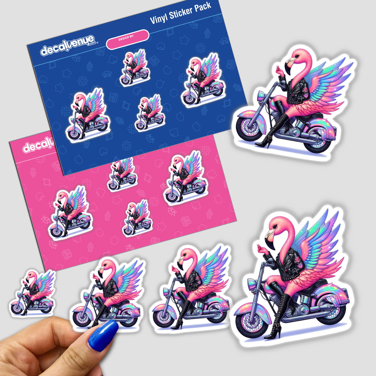 Girlie Flamingo Biker Chic design, available as stickers or digital artwork, showcases a whimsical flamingo with biker accessories, embodying Decal Venue's unique flair in vinyl stickers and digital art.