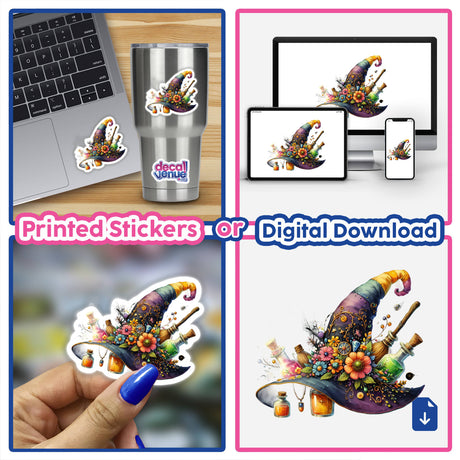Halloween Hat with Potion Bottles sticker collage featuring whimsical hat designs adorned with flowers and potion bottles, showcased on various surfaces including laptops and cups, available as stickers or digital artwork.