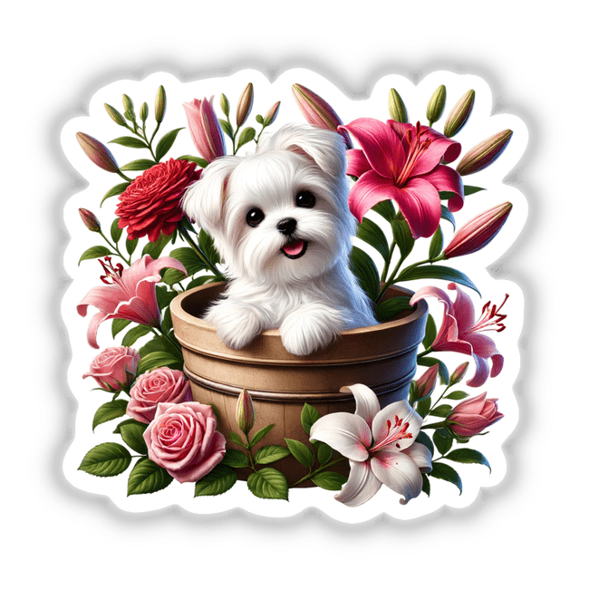 Maltese Dog Peeking Out of Flower Pot