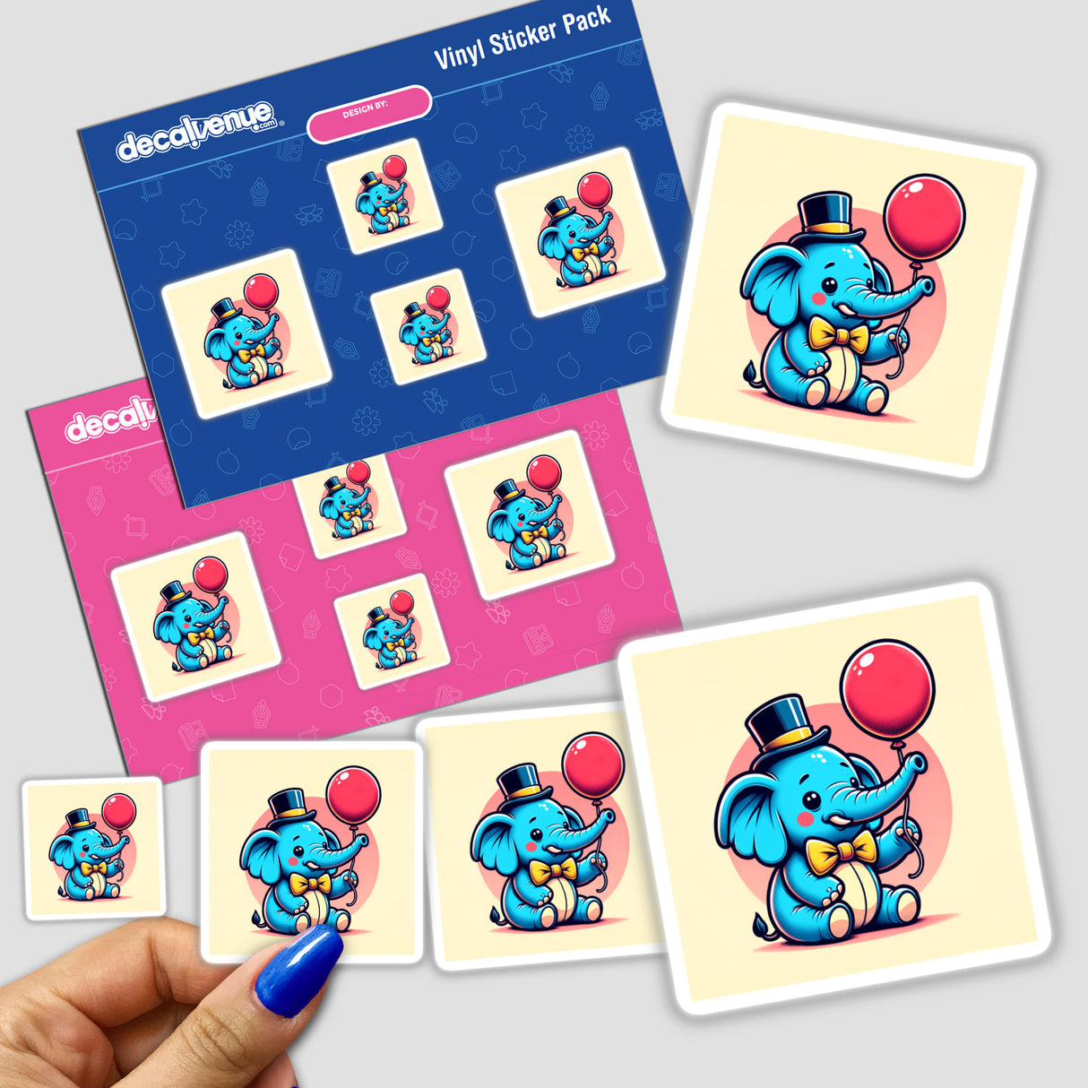 Friendly Elephant with Balloon and Bow Tie sticker pack, featuring cartoon elephants holding balloons. Includes a close-up view of a finger holding one sticker, highlighting playful, whimsical designs available as stickers or digital art.