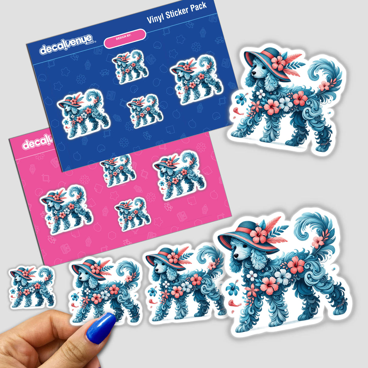 Poodle Dog in Summer Beach Hibiscus Hat sticker pack featuring a poodle with flowers and a hat, perfect for creative projects and personalizing items.