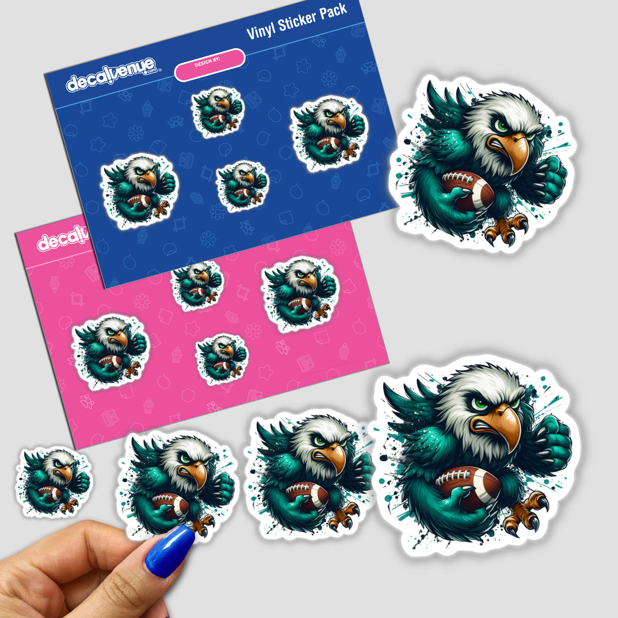 Angry Eagle with Football transparent sticker pack, featuring a snarling cartoon eagle clutching a football. Includes various sizes on backing cards, perfect for unique vinyl sticker enthusiasts.