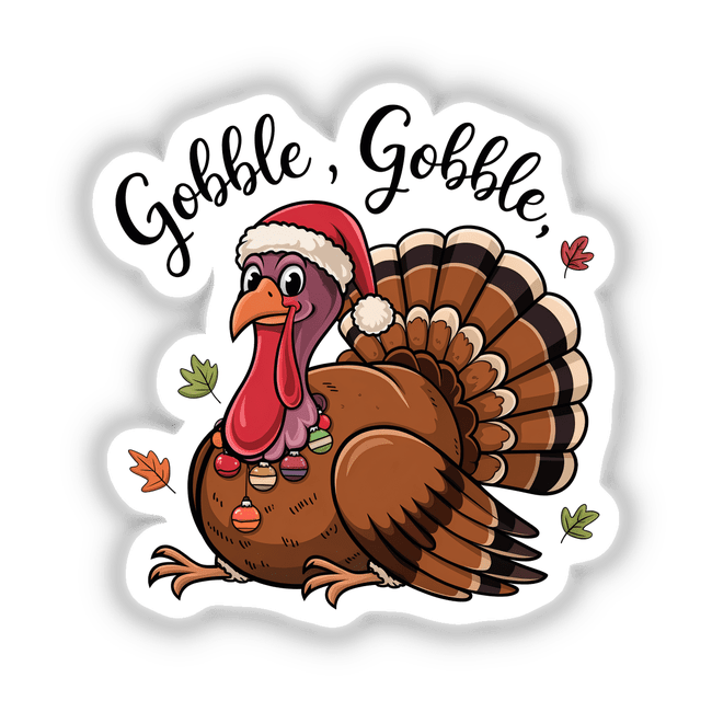 Cartoon turkey wearing a Santa hat titled Happy Thanksgiving Gobble Turkey Bird, available as stickers or digital artwork. Perfect for festive decor from Decal Venue's unique collection.