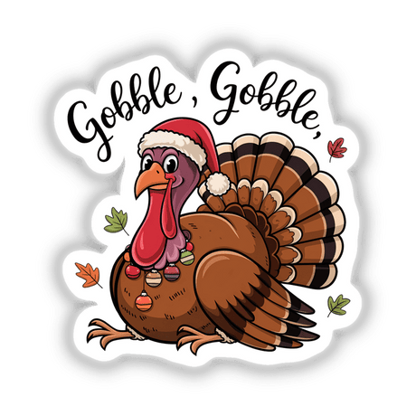 Cartoon turkey wearing a Santa hat titled Happy Thanksgiving Gobble Turkey Bird, available as stickers or digital artwork. Perfect for festive decor from Decal Venue's unique collection.