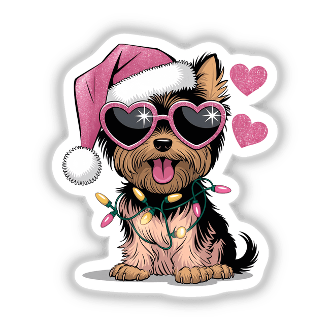 Cartoon illustration titled Christmas Santa Pink Yorkie Dog in Lights II depicting a dog wearing a Santa hat and pink sunglasses, offered as stickers or digital artwork.
