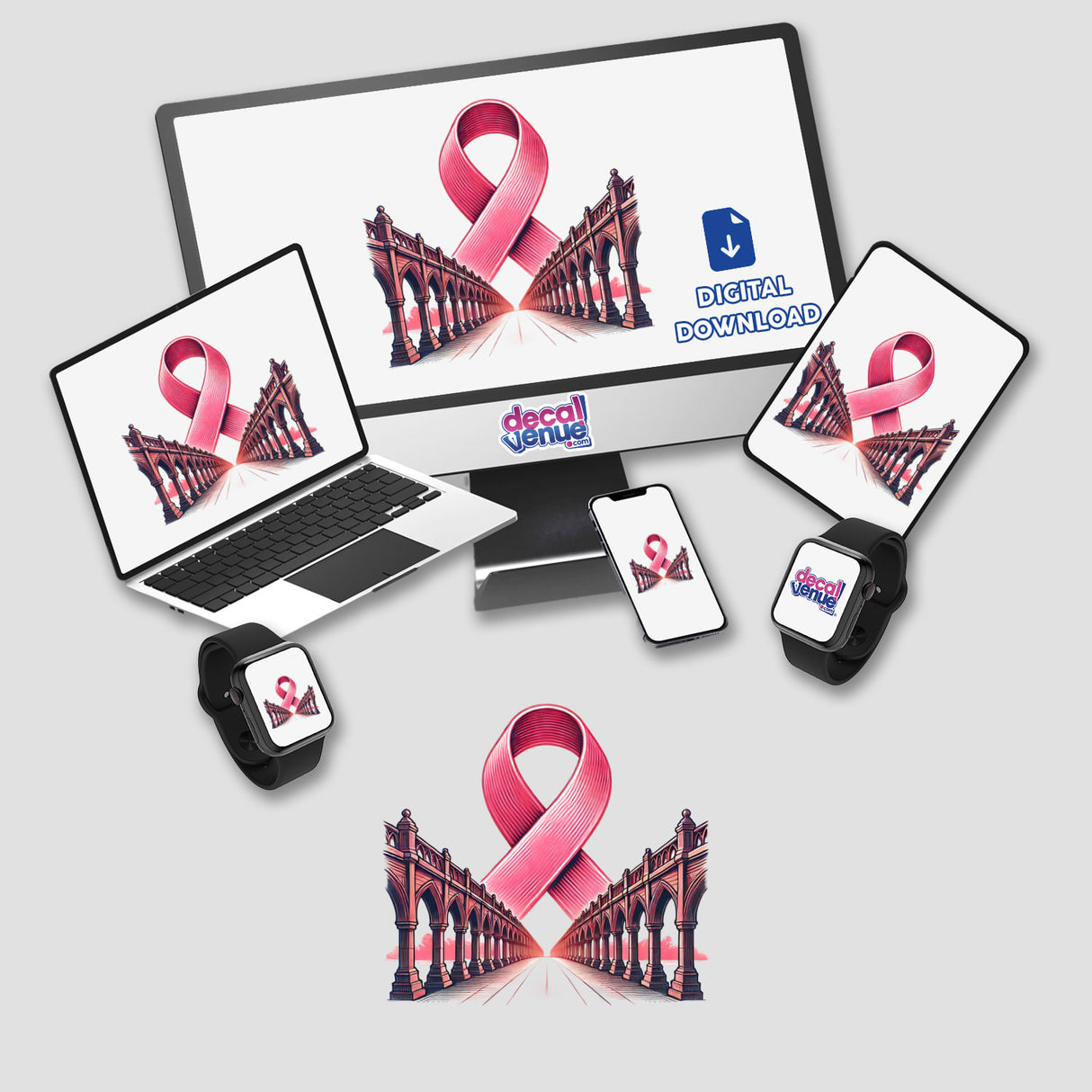 Pink Ribbon Bridge design displayed on various devices including a computer monitor, laptop, and smartphone, showcasing support and solidarity through Decal Venue's unique stickers and digital art.